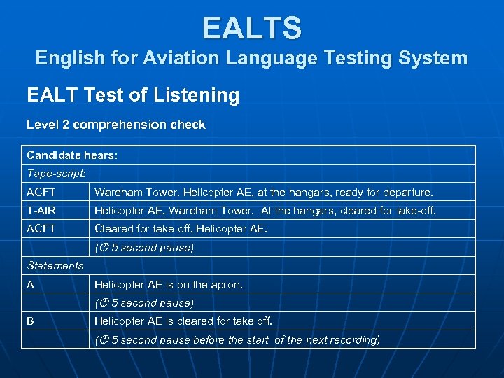 EALTS English for Aviation Language Testing System EALT Test of Listening Level 2 comprehension