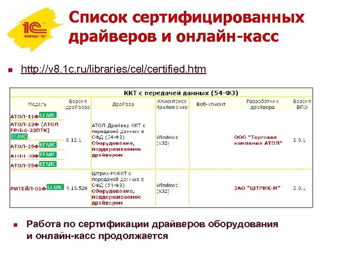 Список сертифицированных драйверов и онлайн-касс http: //v 8. 1 c. ru/libraries/cel/certified. htm n n