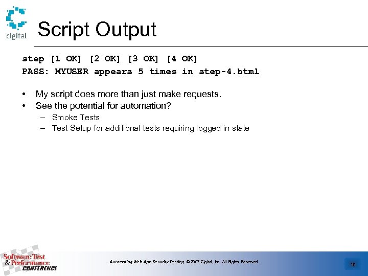 Script Output step [1 OK] [2 OK] [3 OK] [4 OK] PASS: MYUSER appears