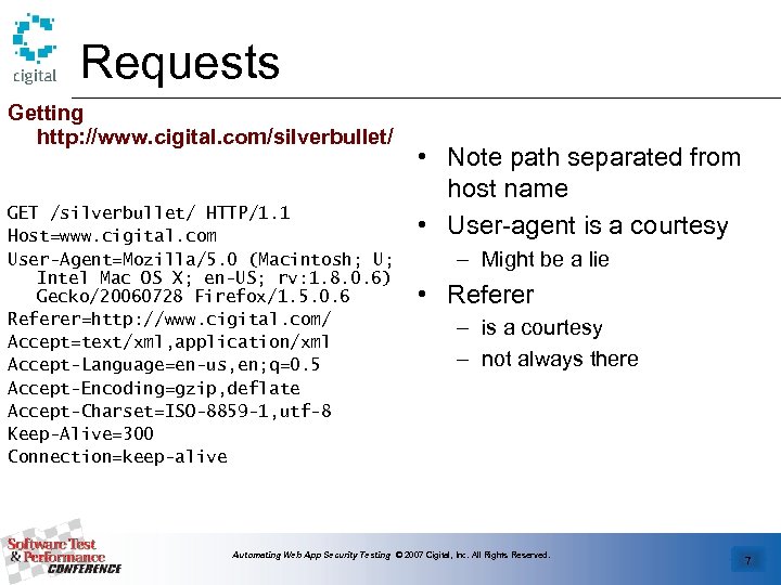 Requests Getting http: //www. cigital. com/silverbullet/ GET /silverbullet/ HTTP/1. 1 Host=www. cigital. com User-Agent=Mozilla/5.