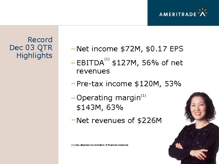 Record Dec 03 QTR Highlights >> Net income $72 M, $0. 17 EPS (1)