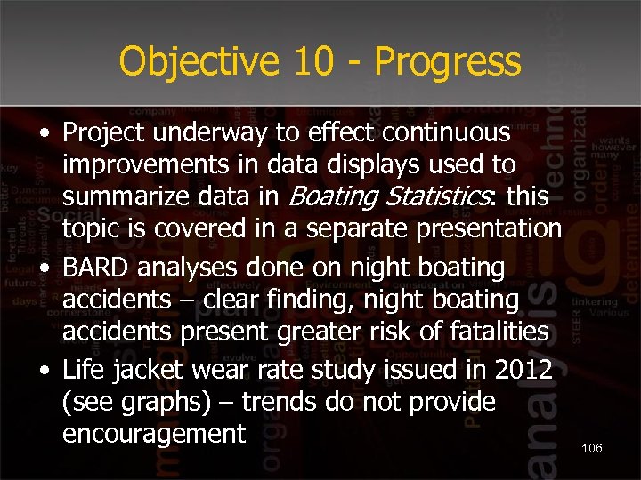 Objective 10 - Progress • Project underway to effect continuous improvements in data displays