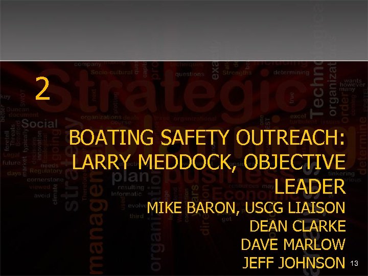 2 BOATING SAFETY OUTREACH: LARRY MEDDOCK, OBJECTIVE LEADER MIKE BARON, USCG LIAISON DEAN CLARKE