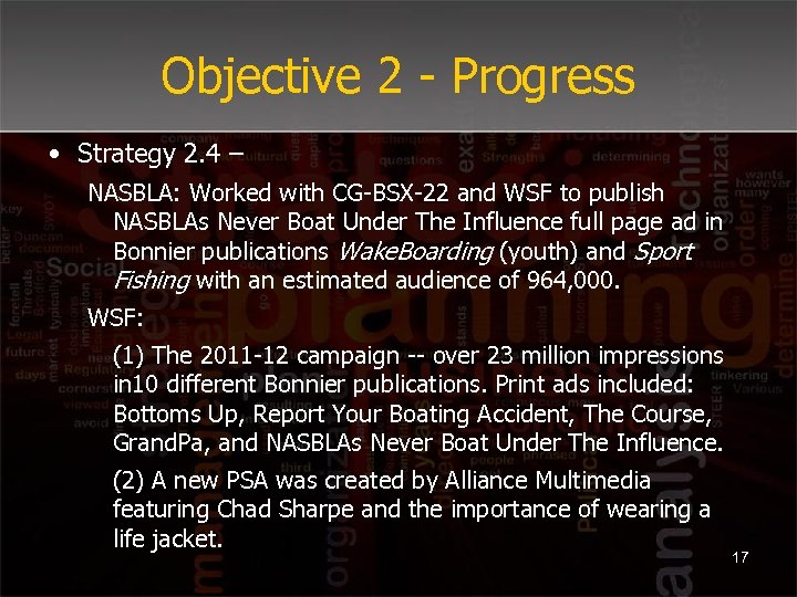 Objective 2 - Progress • Strategy 2. 4 – NASBLA: Worked with CG-BSX-22 and