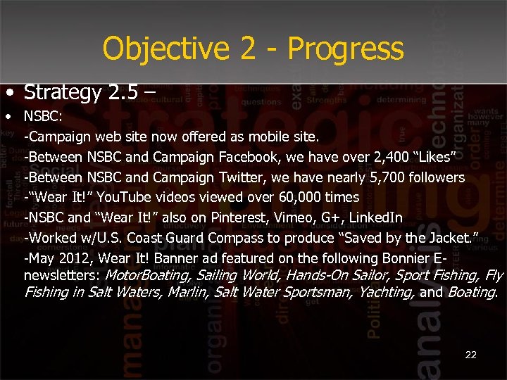 Objective 2 - Progress • Strategy 2. 5 – • NSBC: -Campaign web site