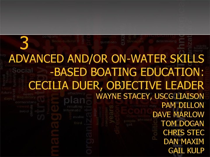 3 ADVANCED AND/OR ON-WATER SKILLS -BASED BOATING EDUCATION: CECILIA DUER, OBJECTIVE LEADER WAYNE STACEY,