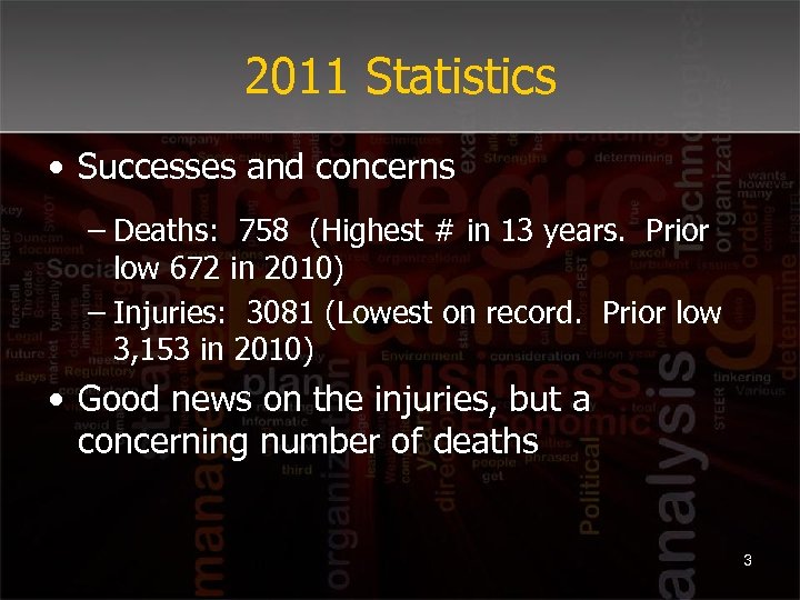 2011 Statistics • Successes and concerns – Deaths: 758 (Highest # in 13 years.