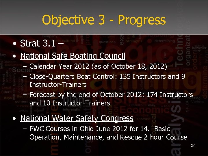 Objective 3 - Progress • Strat 3. 1 – • National Safe Boating Council