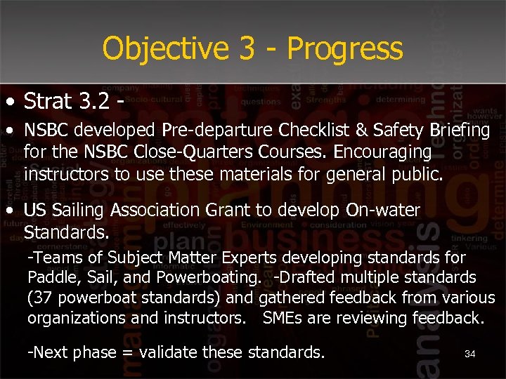 Objective 3 - Progress • Strat 3. 2 • NSBC developed Pre-departure Checklist &