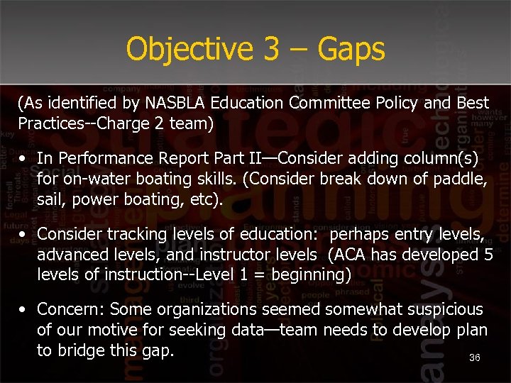 Objective 3 – Gaps (As identified by NASBLA Education Committee Policy and Best Practices--Charge