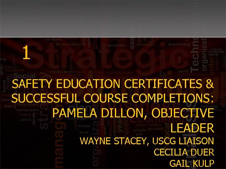 1 SAFETY EDUCATION CERTIFICATES & SUCCESSFUL COURSE COMPLETIONS: PAMELA DILLON, OBJECTIVE LEADER WAYNE STACEY,