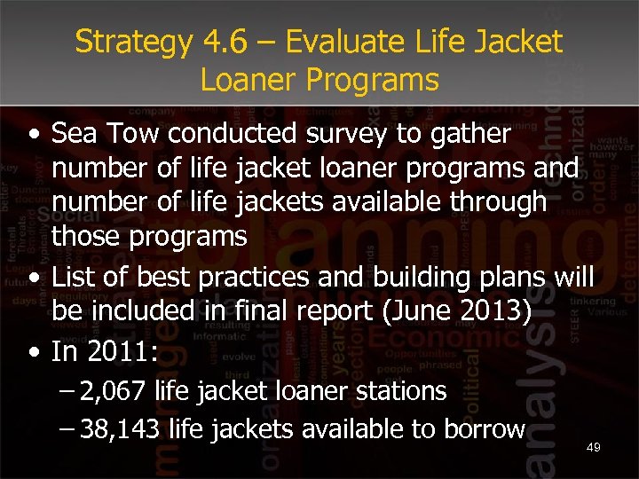 Strategy 4. 6 – Evaluate Life Jacket Loaner Programs • Sea Tow conducted survey