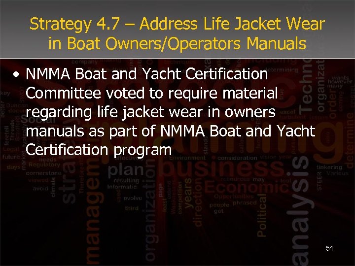 Strategy 4. 7 – Address Life Jacket Wear in Boat Owners/Operators Manuals • NMMA