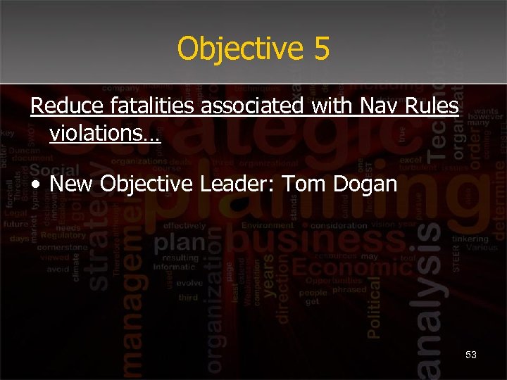 Objective 5 Reduce fatalities associated with Nav Rules violations… • New Objective Leader: Tom