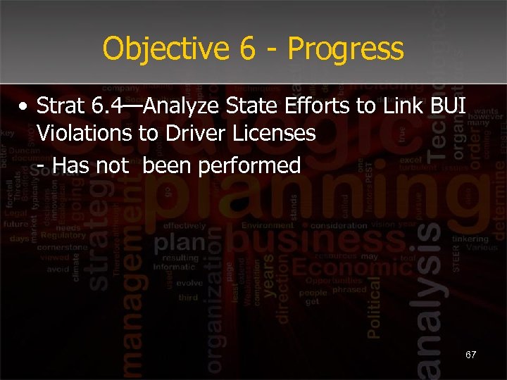 Objective 6 - Progress • Strat 6. 4—Analyze State Efforts to Link BUI Violations