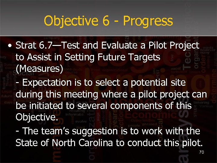 Objective 6 - Progress • Strat 6. 7—Test and Evaluate a Pilot Project to