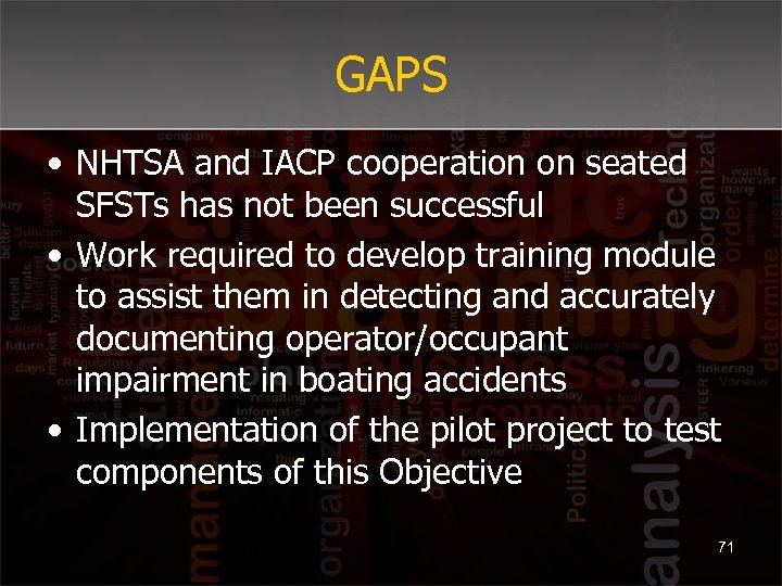 GAPS • NHTSA and IACP cooperation on seated SFSTs has not been successful •