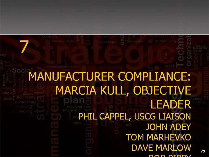 7 MANUFACTURER COMPLIANCE: MARCIA KULL, OBJECTIVE LEADER PHIL CAPPEL, USCG LIAISON JOHN ADEY TOM