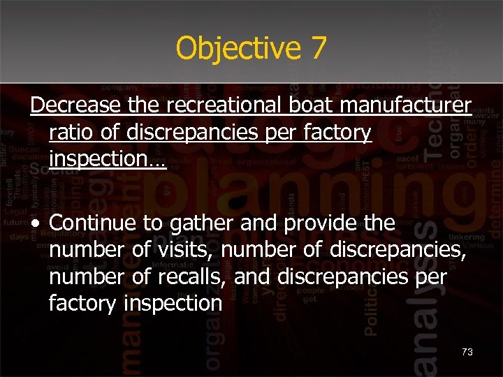 Objective 7 Decrease the recreational boat manufacturer ratio of discrepancies per factory inspection… •