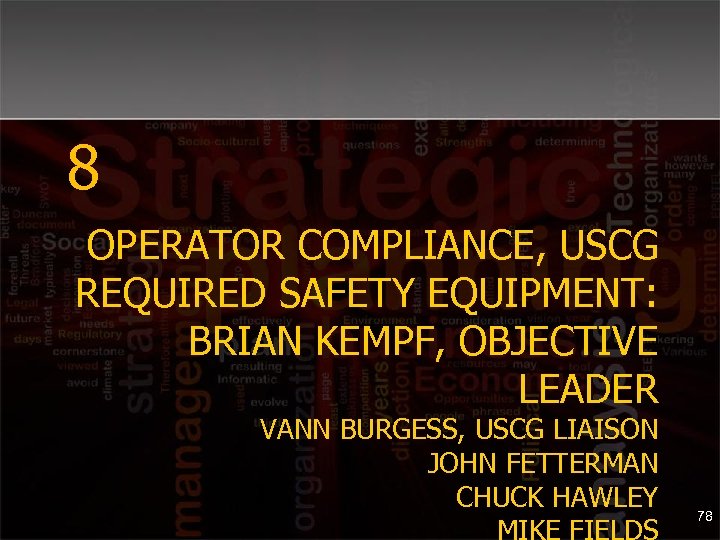 8 OPERATOR COMPLIANCE, USCG REQUIRED SAFETY EQUIPMENT: BRIAN KEMPF, OBJECTIVE LEADER VANN BURGESS, USCG
