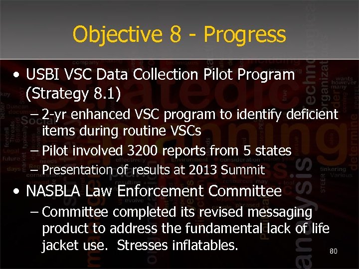 Objective 8 - Progress • USBI VSC Data Collection Pilot Program (Strategy 8. 1)