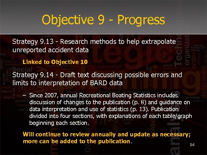 Objective 9 - Progress Strategy 9. 13 - Research methods to help extrapolate unreported