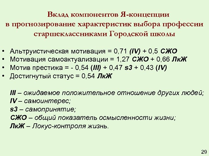 Вклад компонентов Я-концепции в прогнозирование характеристик выбора профессии старшеклассниками Городской школы • • Альтруистическая