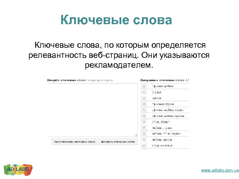 Ключевые слова, по которым определяется релевантность веб-страниц. Они указываются рекламодателем. www. adlabs. com. ua