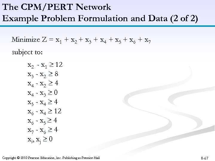 The CPM/PERT Network Example Problem Formulation and Data (2 of 2) Minimize Z =