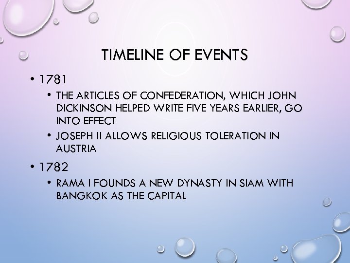 TIMELINE OF EVENTS • 1781 • THE ARTICLES OF CONFEDERATION, WHICH JOHN DICKINSON HELPED