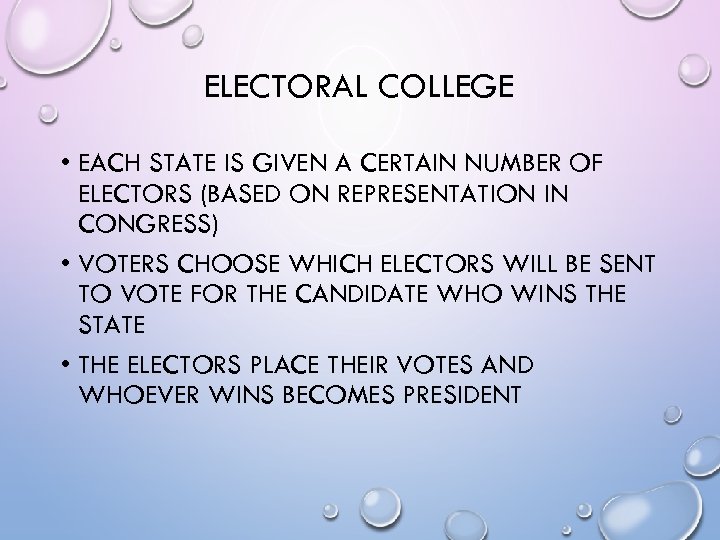 ELECTORAL COLLEGE • EACH STATE IS GIVEN A CERTAIN NUMBER OF ELECTORS (BASED ON