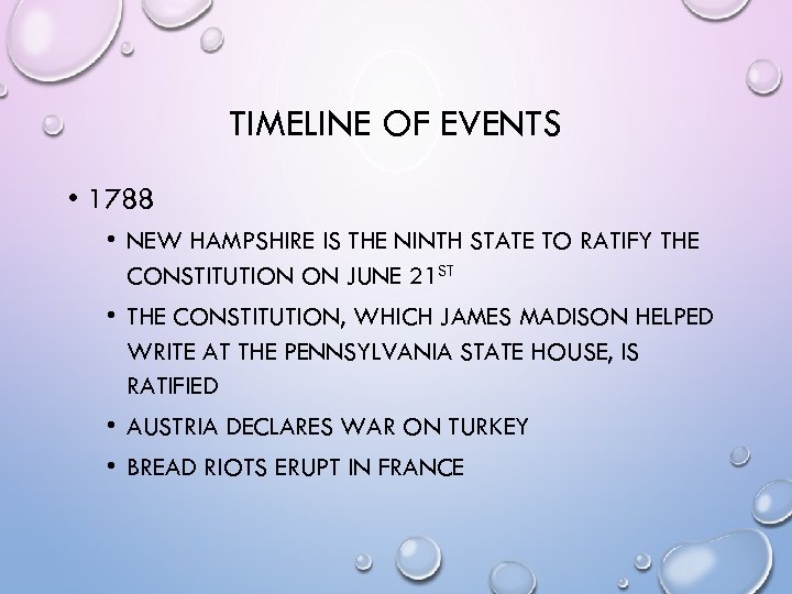 TIMELINE OF EVENTS • 1788 • NEW HAMPSHIRE IS THE NINTH STATE TO RATIFY