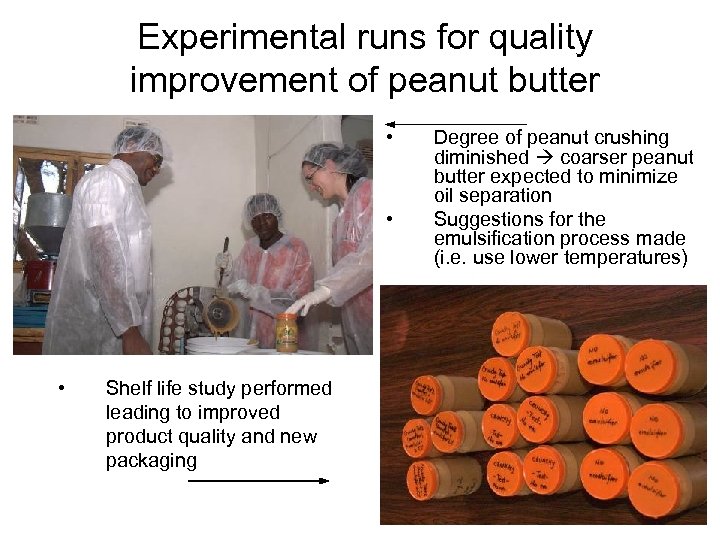 Experimental runs for quality improvement of peanut butter • • • Shelf life study