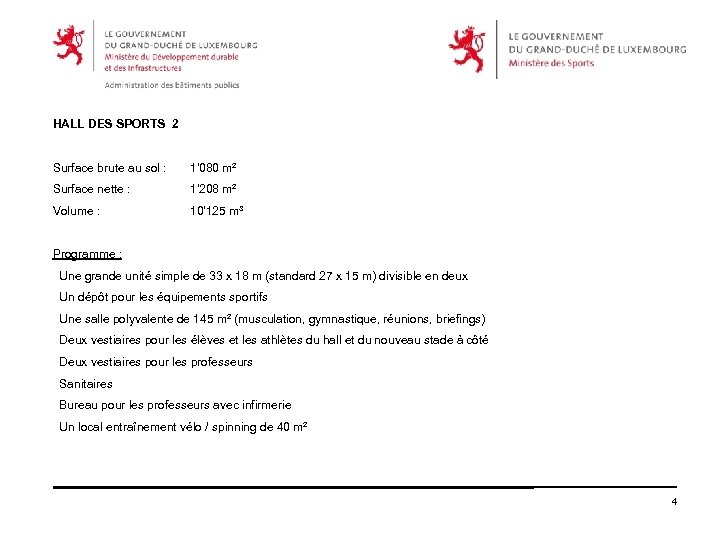 HALL DES SPORTS 2 Surface brute au sol : 1'080 m² Surface nette :