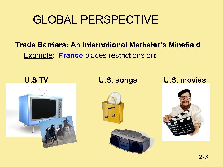 GLOBAL PERSPECTIVE Trade Barriers: An International Marketer’s Minefield Example: France places restrictions on: U.