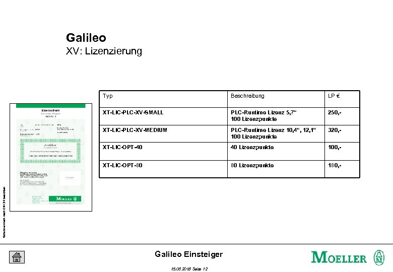 Galileo XV: Lizenzierung Beschreibung LP € XT-LIC-PLC-XV-SMALL PLC-Runtime Lizenz 5, 7“ 100 Lizenzpunkte 250,