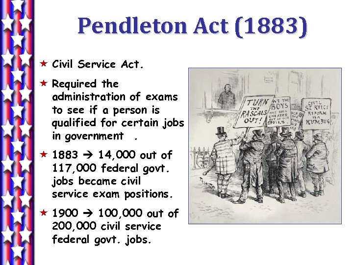 Pendleton Act (1883) « Civil Service Act. « Required the administration of exams to