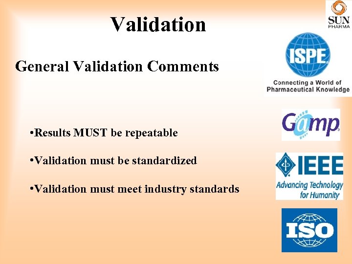 Validation General Validation Comments • Results MUST be repeatable • Validation must be standardized