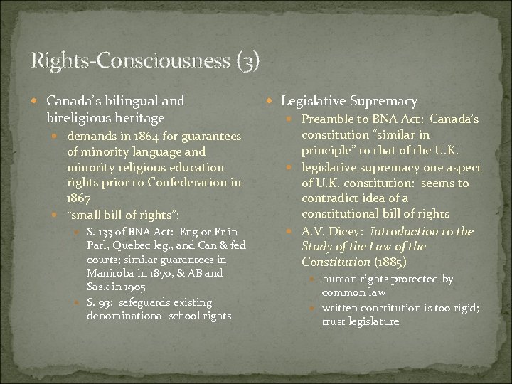 Rights-Consciousness (3) Canada’s bilingual and bireligious heritage demands in 1864 for guarantees of minority