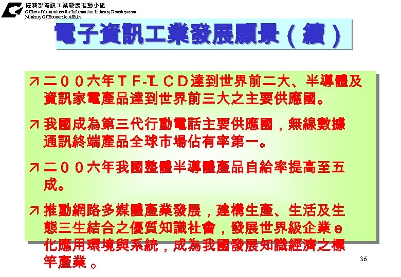 經濟部資訊 業發展推動小組 Office of Committee for Information Industry Development Ministry Of Economic Affairs 電子資訊