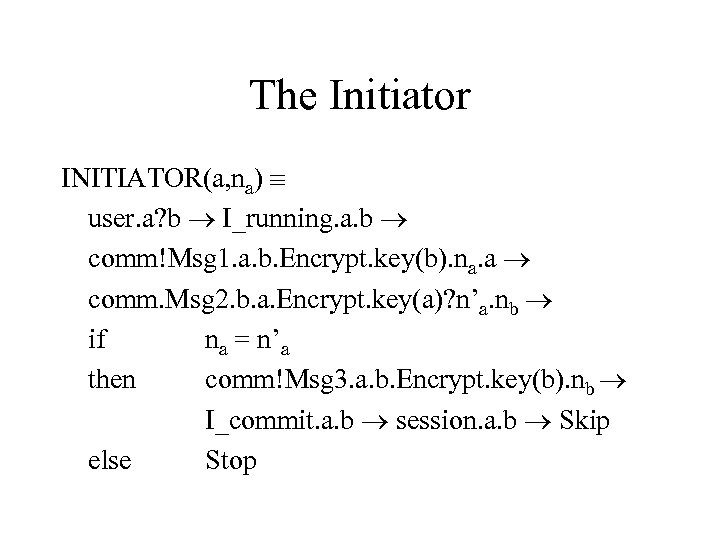 The Initiator INITIATOR(a, na) user. a? b I_running. a. b comm!Msg 1. a. b.