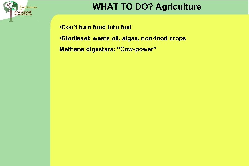 WHAT TO DO? Agriculture • Don’t turn food into fuel • Biodiesel: waste oil,