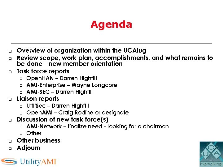 Agenda q q q Overview of organization within the UCAIug Review scope, work plan,