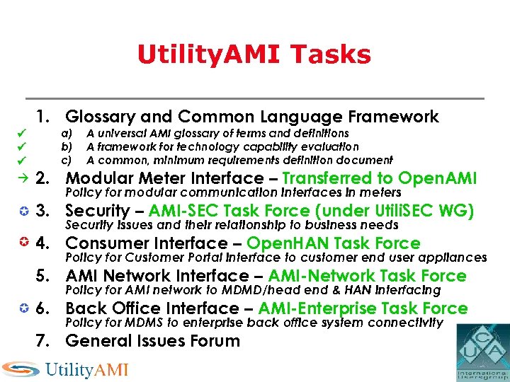 Utility. AMI Tasks 1. Glossary and Common Language Framework a) b) c) A universal