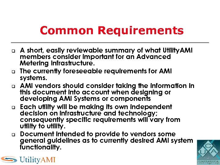 Common Requirements q q q A short, easily reviewable summary of what Utility. AMI