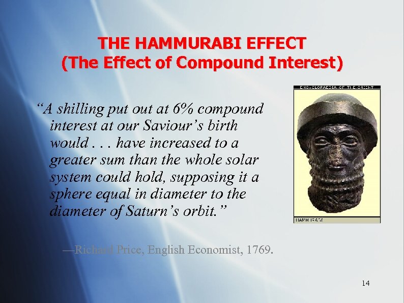THE HAMMURABI EFFECT (The Effect of Compound Interest) “A shilling put out at 6%