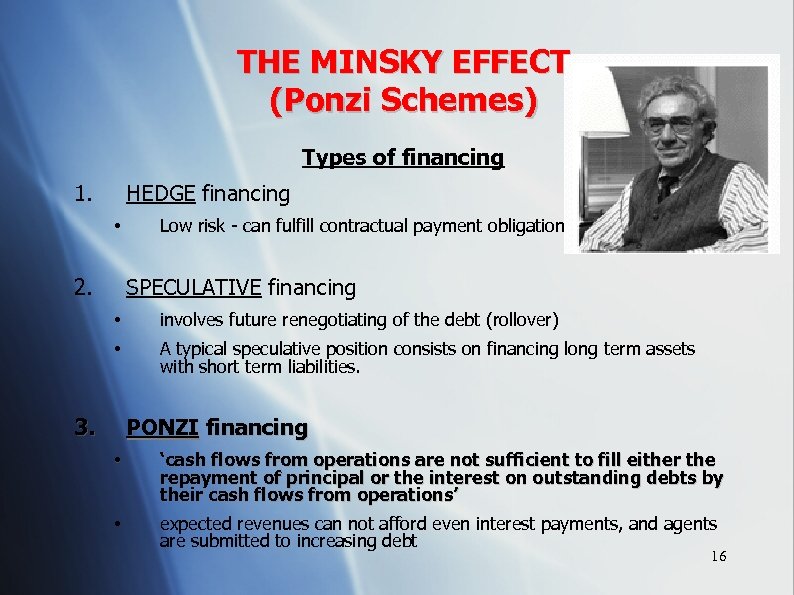 THE MINSKY EFFECT (Ponzi Schemes) Types of financing 1. HEDGE financing • 2. Low
