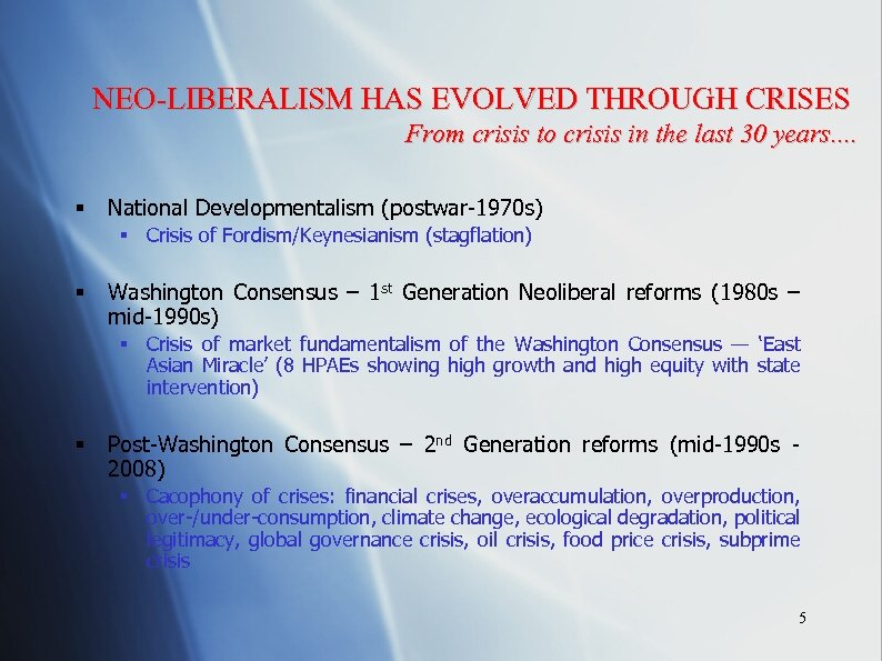 NEO-LIBERALISM HAS EVOLVED THROUGH CRISES From crisis to crisis in the last 30 years.
