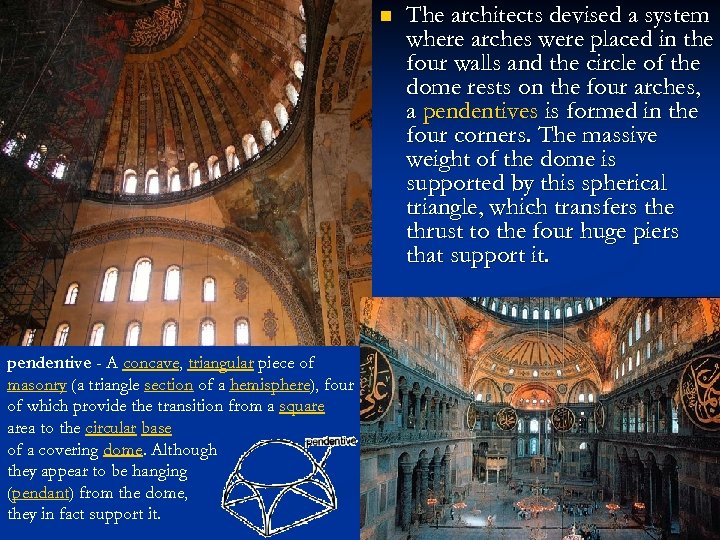 n pendentive - A concave, triangular piece of masonry (a triangle section of a