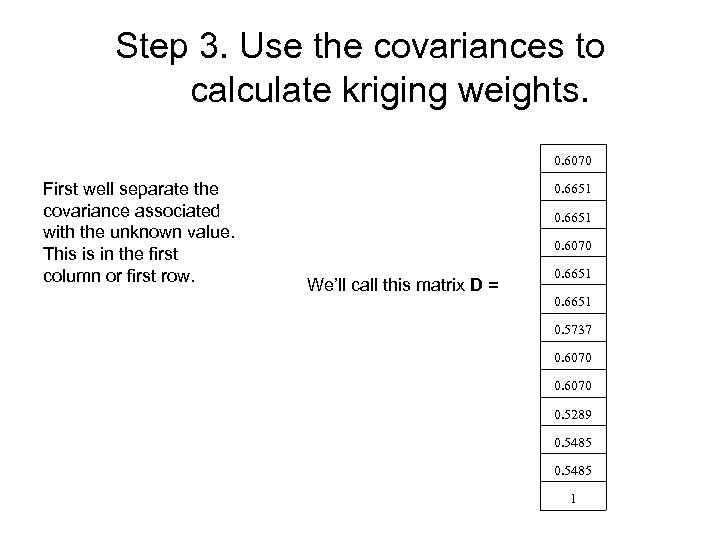 Step 3. Use the covariances to calculate kriging weights. 0. 6070 First well separate